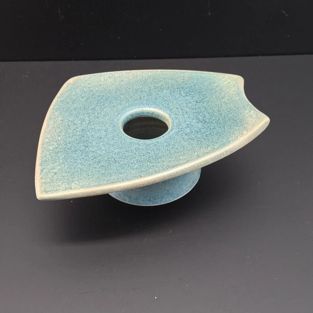 Studio Pottery Ikebana Vase Blue Green Speckled Glaze with‎ Flower Frog Kenzan